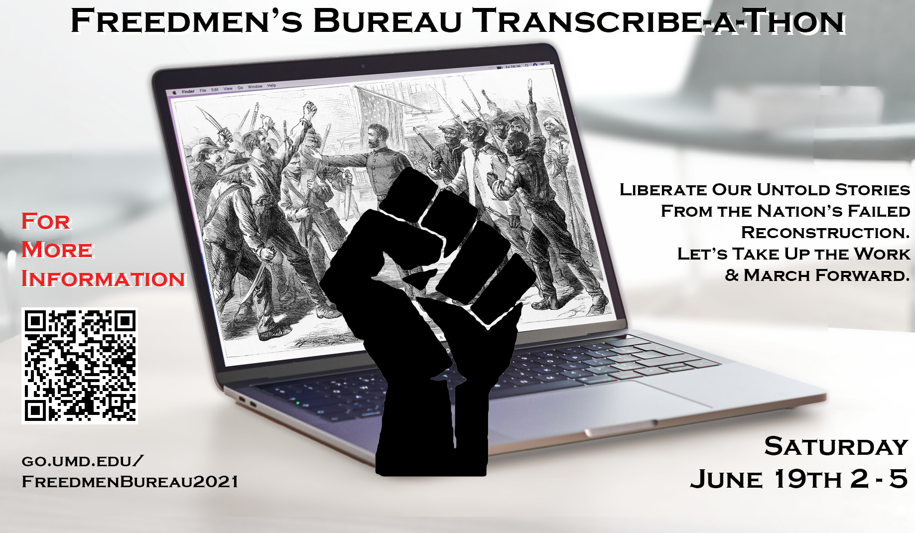 Graphic with laptop and Freedmen's Bureau print on screen with Black Power First and associated event info