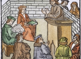 hand-colored medieval print of a scholarly forum
