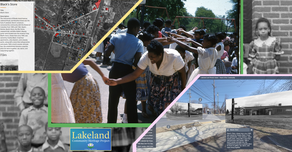 Montage of historical photos of Lakeland community showing students in group photo and community gathered for May Day festivities, layered with digital humanities mapping project of Lakeland community and a streetscape recreation mixing historical photographs with present community