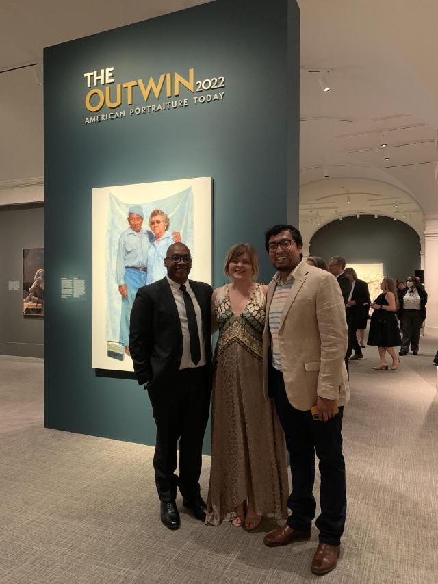 Gabrielle Tillenburg, Marco Polo Juarez Cruz, and unidentified Curator of Outwin 2022: American Portraiture Today exhibition at National Portrait Gallery on opening night, April 29, 2022