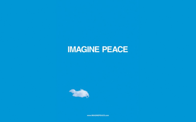 Graphic with the text Imagine Peace in white letters against a sky blue background and one wispy cloud below in center left