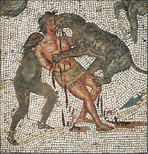 Damnatio ad bestias. A leopard attacks a bound captive being held upright by an amphitheater attendant. Detail of polychrome mosaic from the Domus Sollertiana, El Djem, Tunisia.