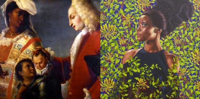 composite of a colonial Mexican portrait and a Kehinde Wiley portrait
