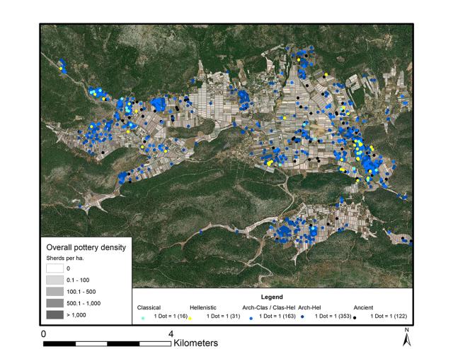 Map of Nemea, Greece with both pottery densities and chronological markers of occupation visualized on a GIS map. Developed by Chris Cloke.