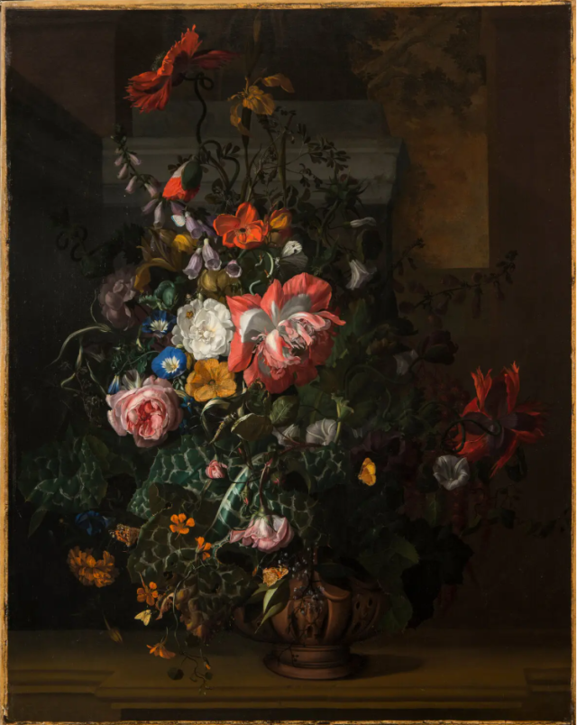 Rachel Ruysch, Roses, Convolvulus, Poppies and Other Flowers in an Urn on a Stone Ledge, ca. late 1680s; Oil on canvas, 42 1/2 x 33 in.; NMWA, Gift of Wallace and Wilhelmina Holladay; Photo by Lee Stalsworth