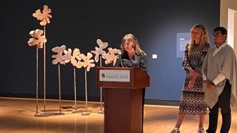 Gabi Tillenburg, Marco Polo Juarez, and Clea Massiani at opening of exhibition at UMD Art Gallery Fall 2022
